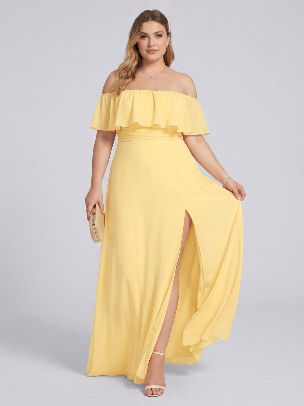Elegant Daffodil Chiffon A-Line Straight Neck Backless Ankle-Length Plus Size Bridesmaid Dress - Curvevia