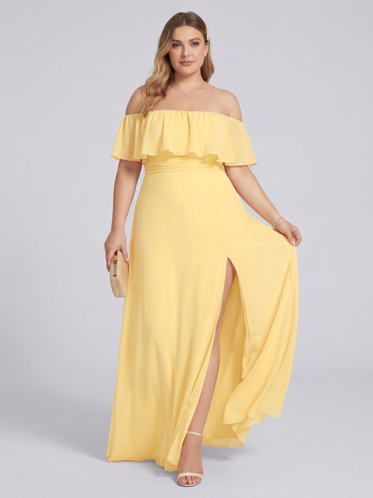 Elegant Daffodil Chiffon A-Line Straight Neck Backless Ankle-Length Plus Size Bridesmaid Dress - Curvevia