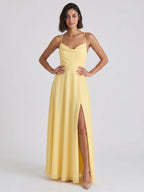 Daffodil Chiffon A-Line Cowl Neck Criss-Cross Straps Floor-Length Formal Dress with Pleating - Curvevia