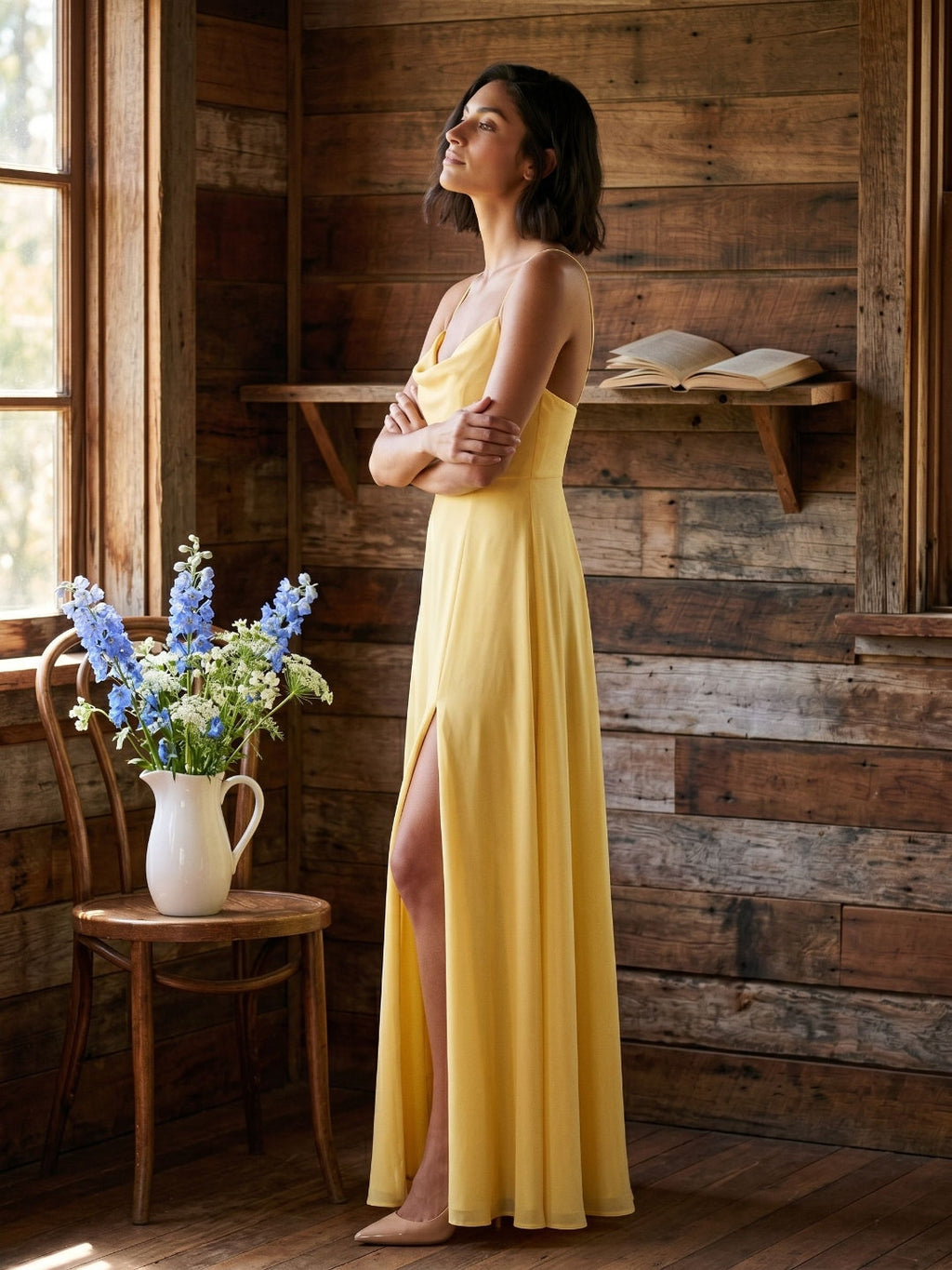 Daffodil Chiffon A-Line Cowl Neck Criss-Cross Straps Floor-Length Formal Dress with Pleating - Curvevia
