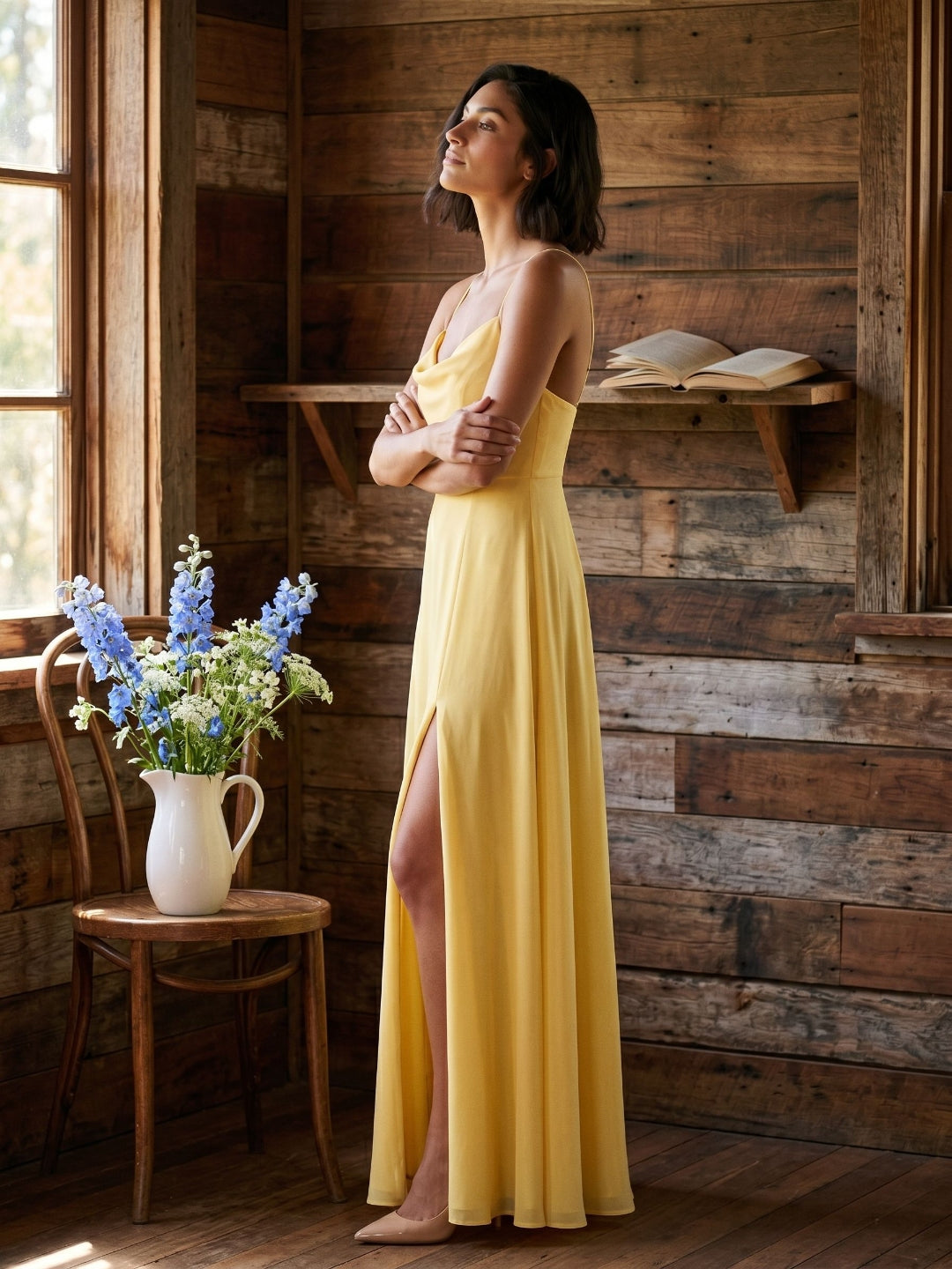 Daffodil Chiffon A-Line Cowl Neck Criss-Cross Straps Floor-Length Formal Dress with Pleating - Curvevia