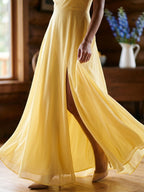 Daffodil Chiffon A-Line Cowl Neck Criss-Cross Straps Floor-Length Formal Dress with Pleating - Curvevia