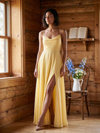 Daffodil Chiffon A-Line Cowl Neck Criss-Cross Straps Floor-Length Formal Dress with Pleating - Curvevia