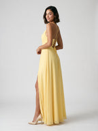 Daffodil Chiffon A-Line Cowl Neck Criss-Cross Straps Floor-Length Formal Dress with Pleating - Curvevia