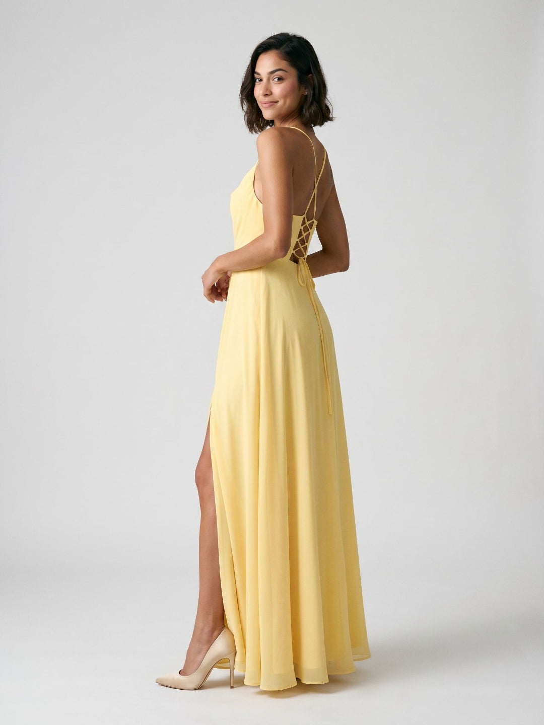 Daffodil Chiffon A-Line Cowl Neck Criss-Cross Straps Floor-Length Formal Dress with Pleating - Curvevia