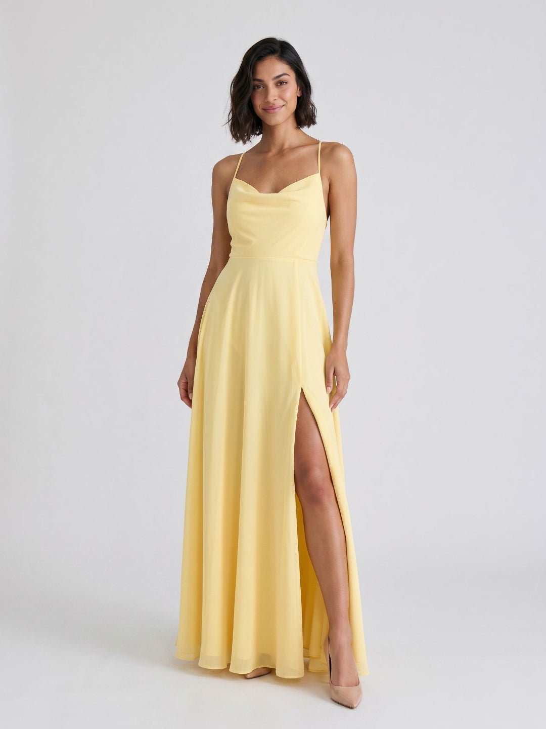 Daffodil Chiffon A-Line Cowl Neck Criss-Cross Straps Floor-Length Formal Dress with Pleating - Curvevia
