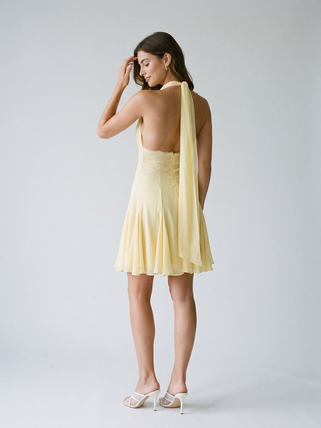 Daffodil Chiffon A-Line Halter Neckline Backless Short Homecoming Dress with Pleating - Curvevia