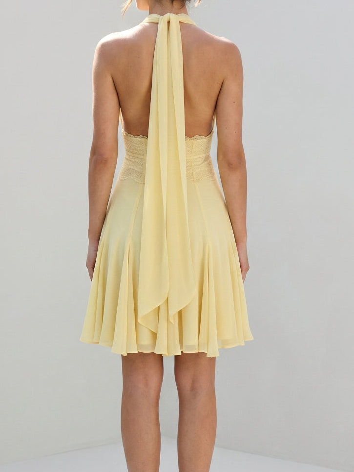 Daffodil Chiffon A-Line Halter Neckline Backless Short Homecoming Dress with Pleating - Curvevia