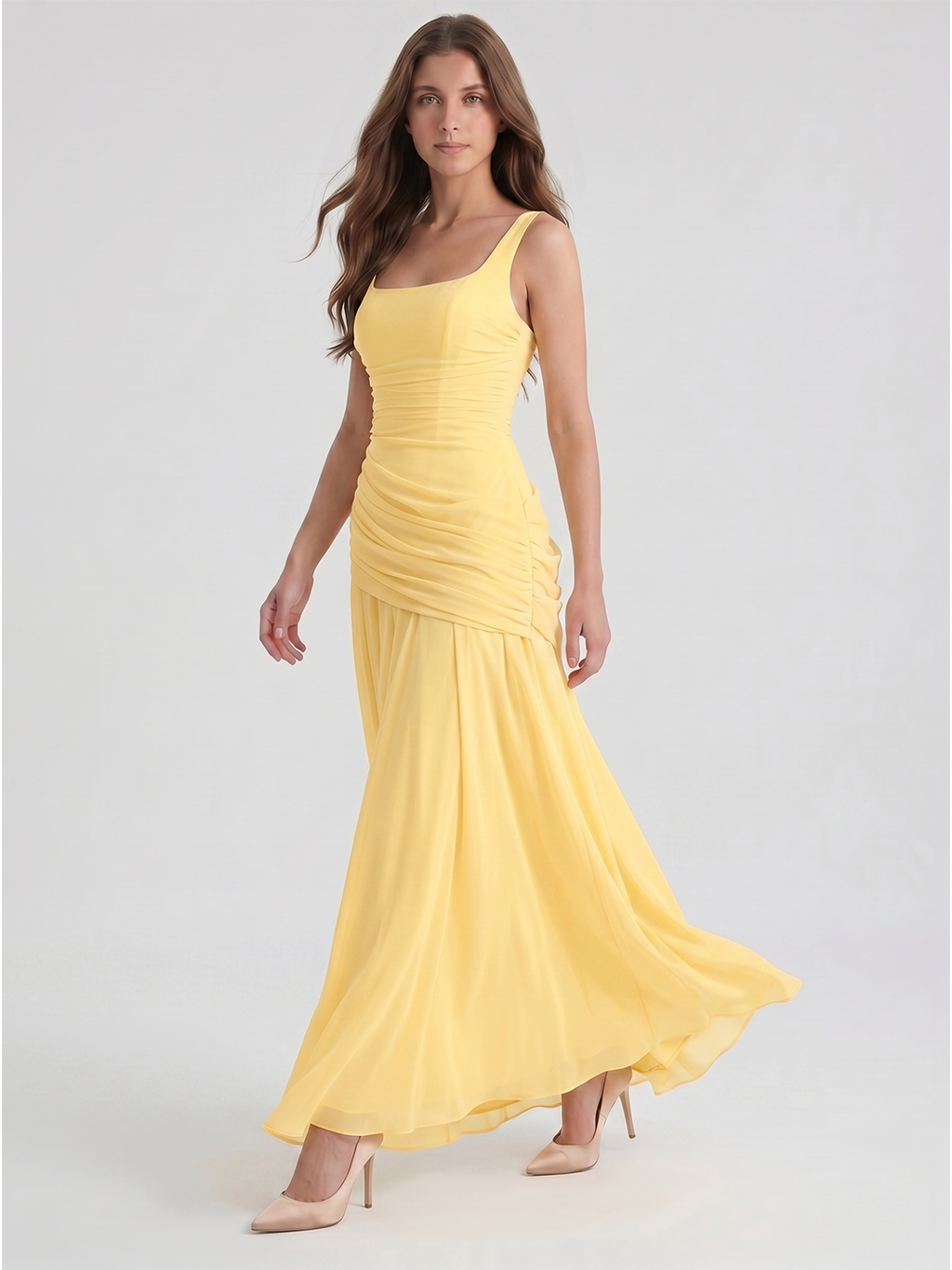 Daffodil Chiffon A-Line Square Neck Criss-Cross Floor-Length Bridesmaid Dress with Pleats - Curvevia