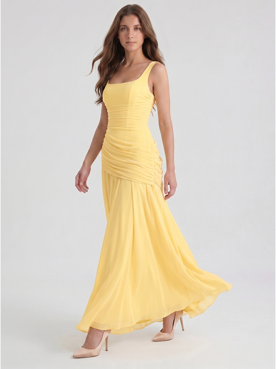 Daffodil Chiffon A-Line Square Neck Criss-Cross Floor-Length Bridesmaid Dress with Pleats - Curvevia