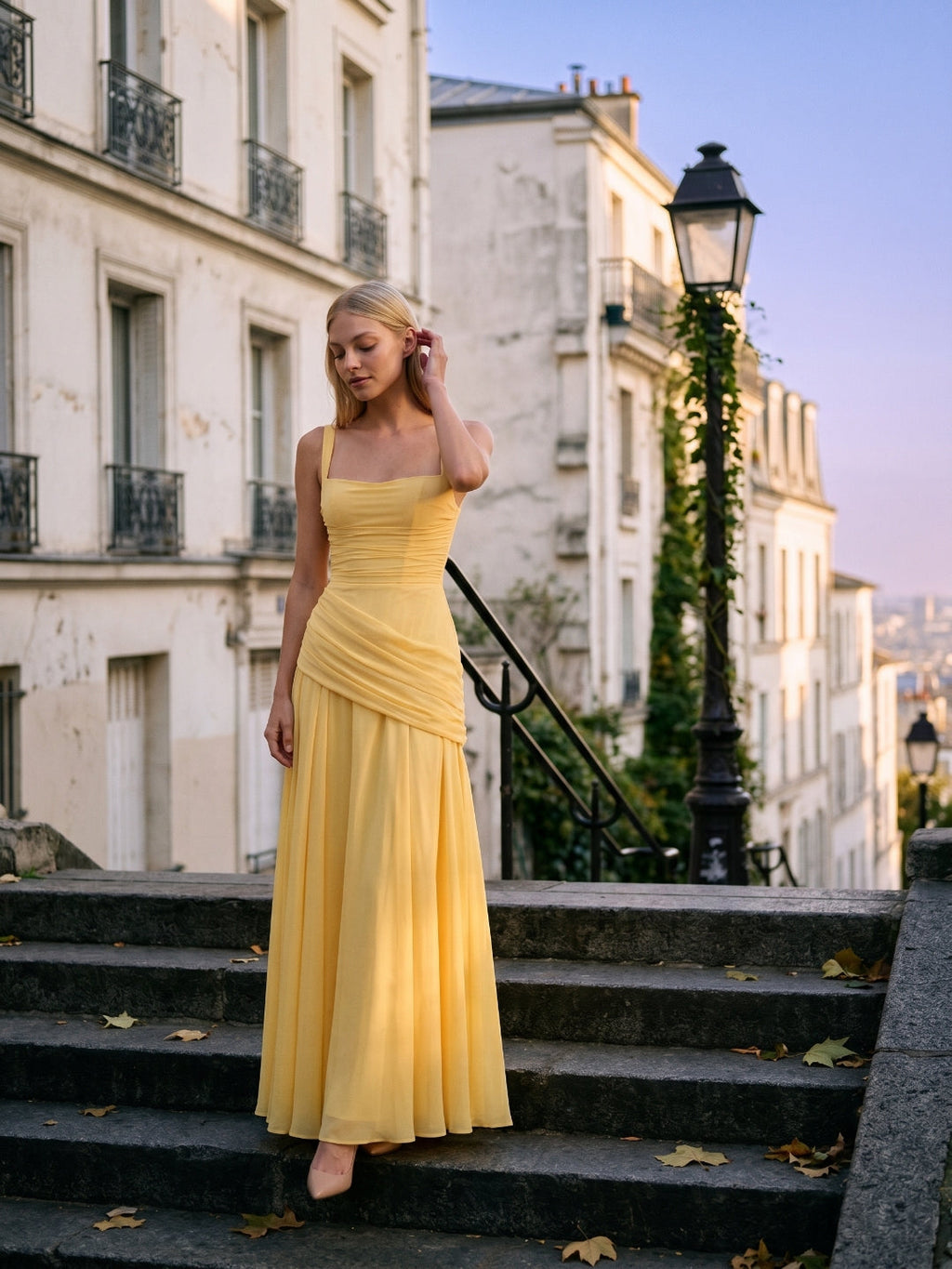 Daffodil Chiffon A-Line Square Neck Criss-Cross Floor-Length Bridesmaid Dress with Pleats - Curvevia