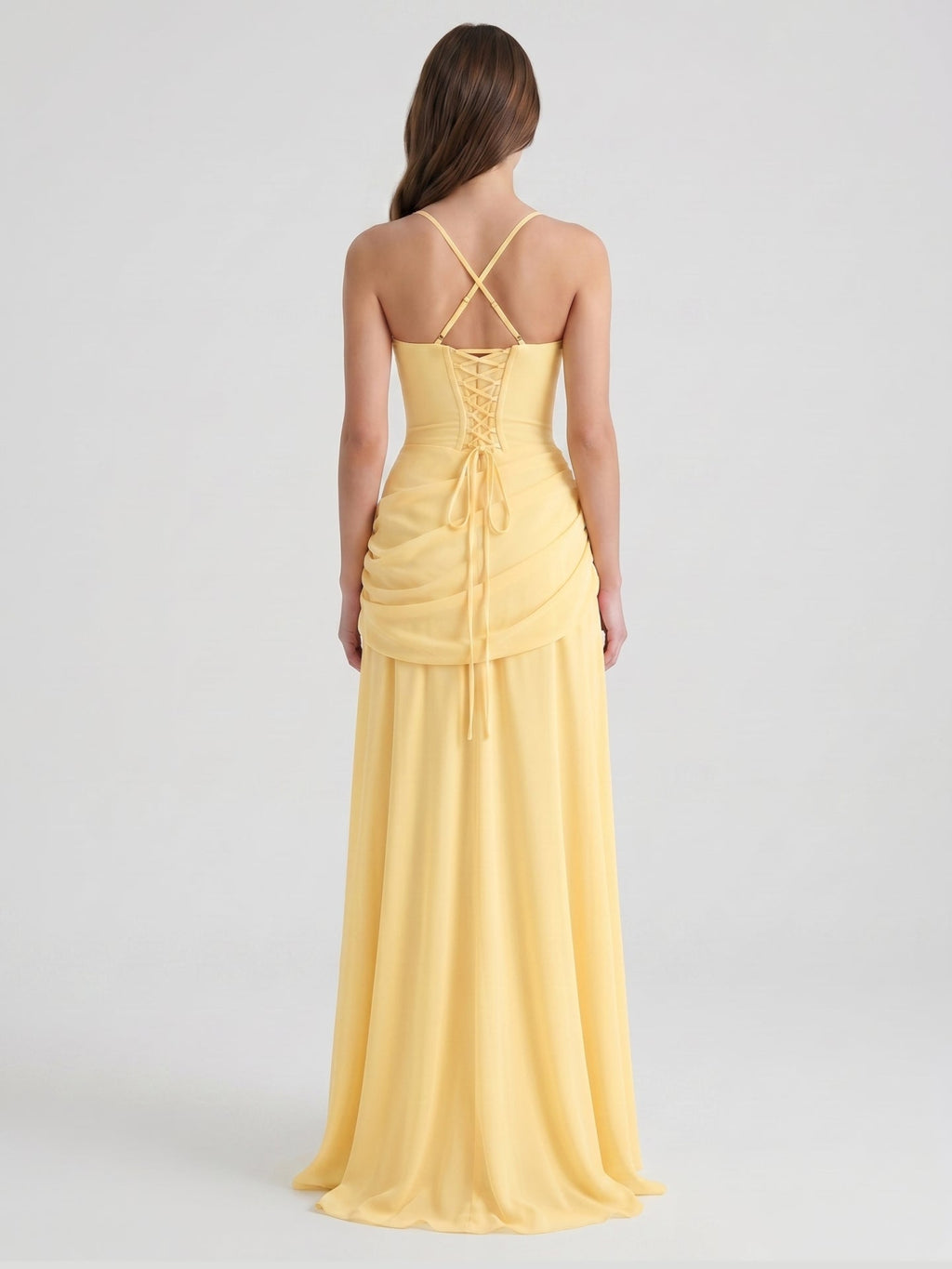 Daffodil Chiffon A-Line Square Neck Criss-Cross Floor-Length Bridesmaid Dress with Pleats - Curvevia