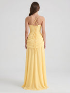Daffodil Chiffon A-Line Square Neck Criss-Cross Floor-Length Bridesmaid Dress with Pleats - Curvevia