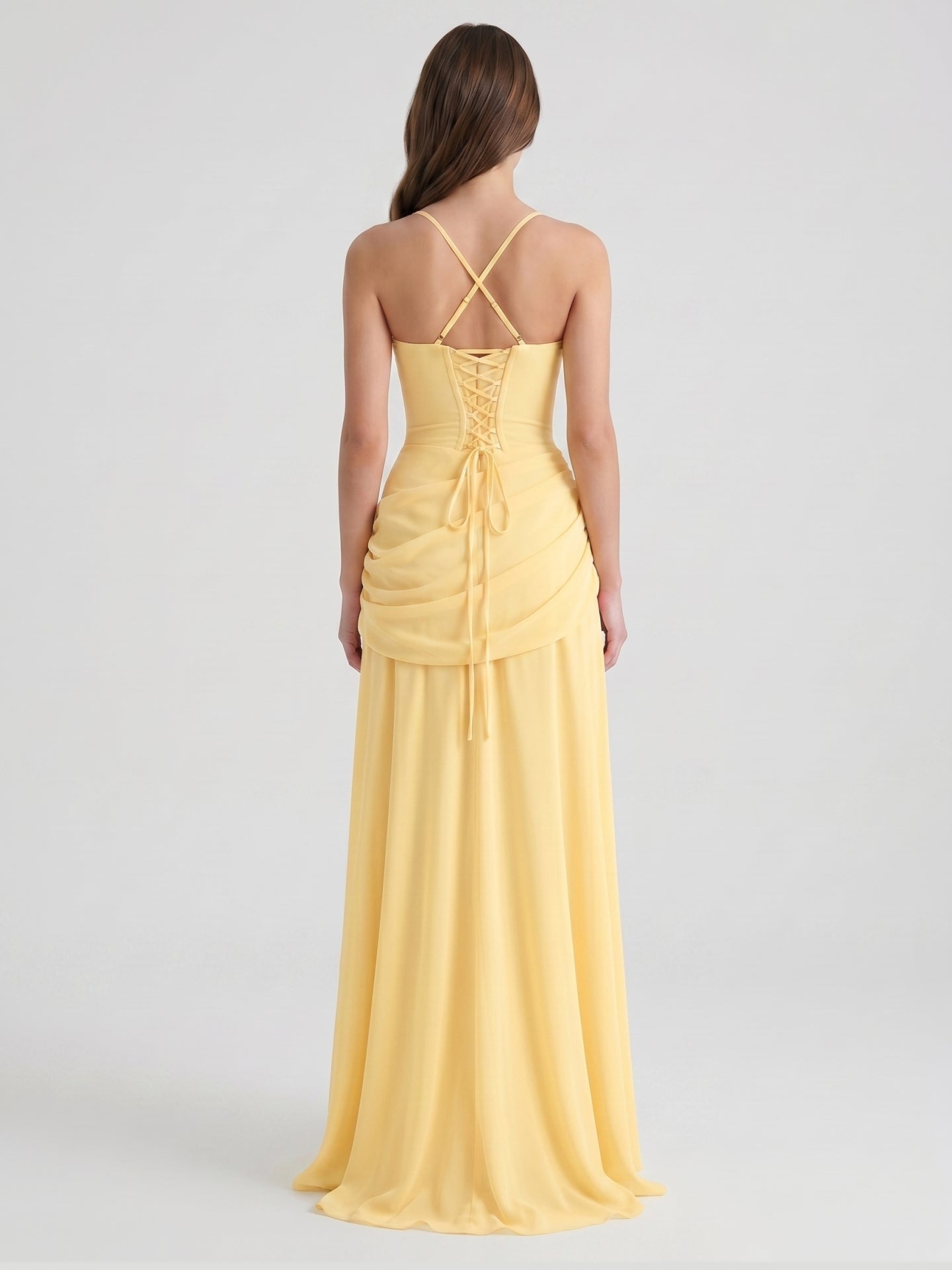 Daffodil Chiffon A-Line Square Neck Criss-Cross Floor-Length Bridesmaid Dress with Pleats - Curvevia