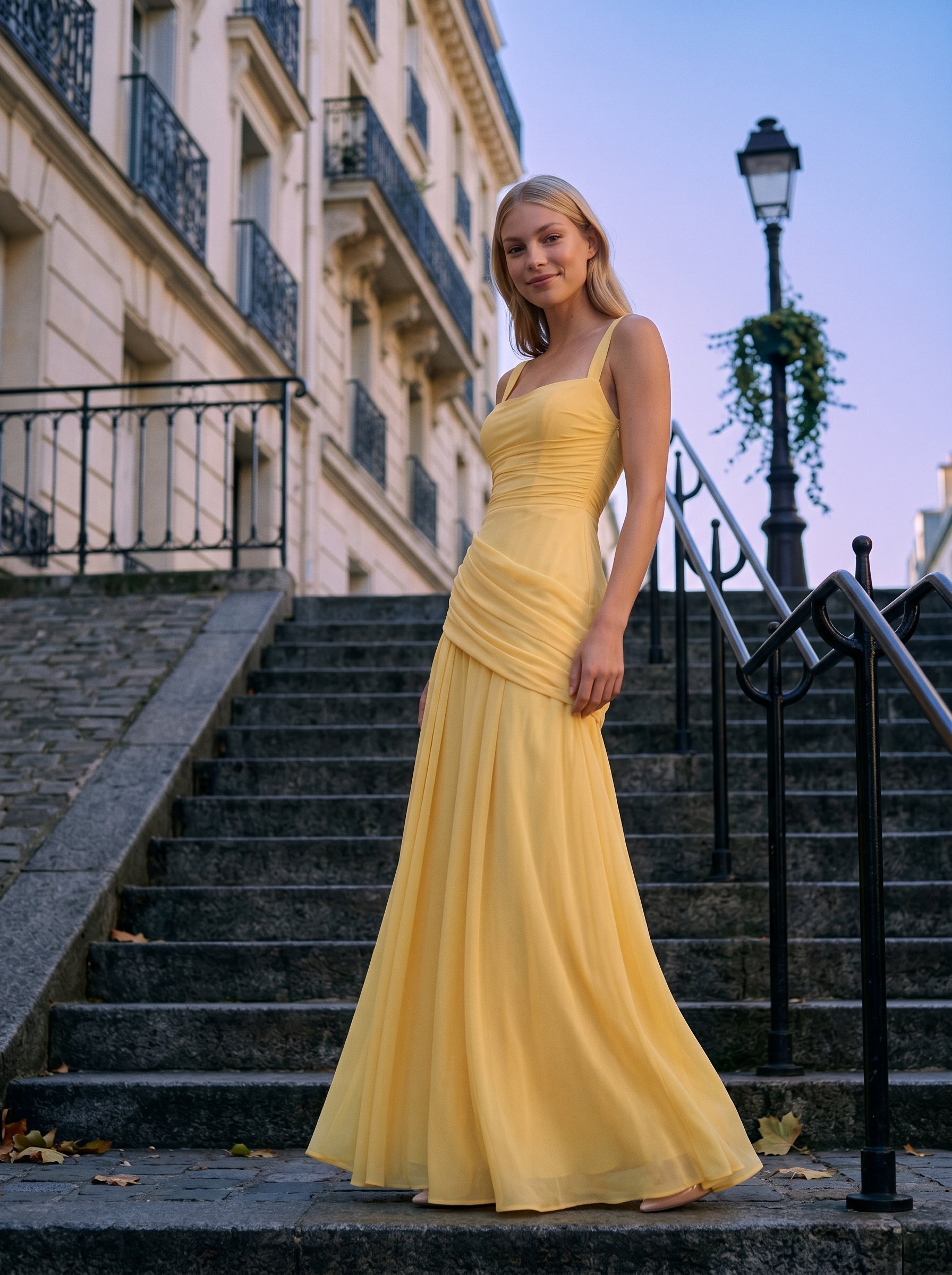 Daffodil Chiffon A-Line Square Neck Criss-Cross Floor-Length Bridesmaid Dress with Pleats - Curvevia