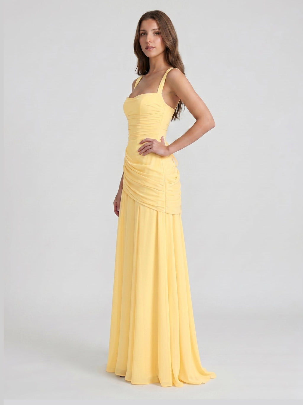 Daffodil Chiffon A-Line Square Neck Criss-Cross Floor-Length Bridesmaid Dress with Pleats - Curvevia