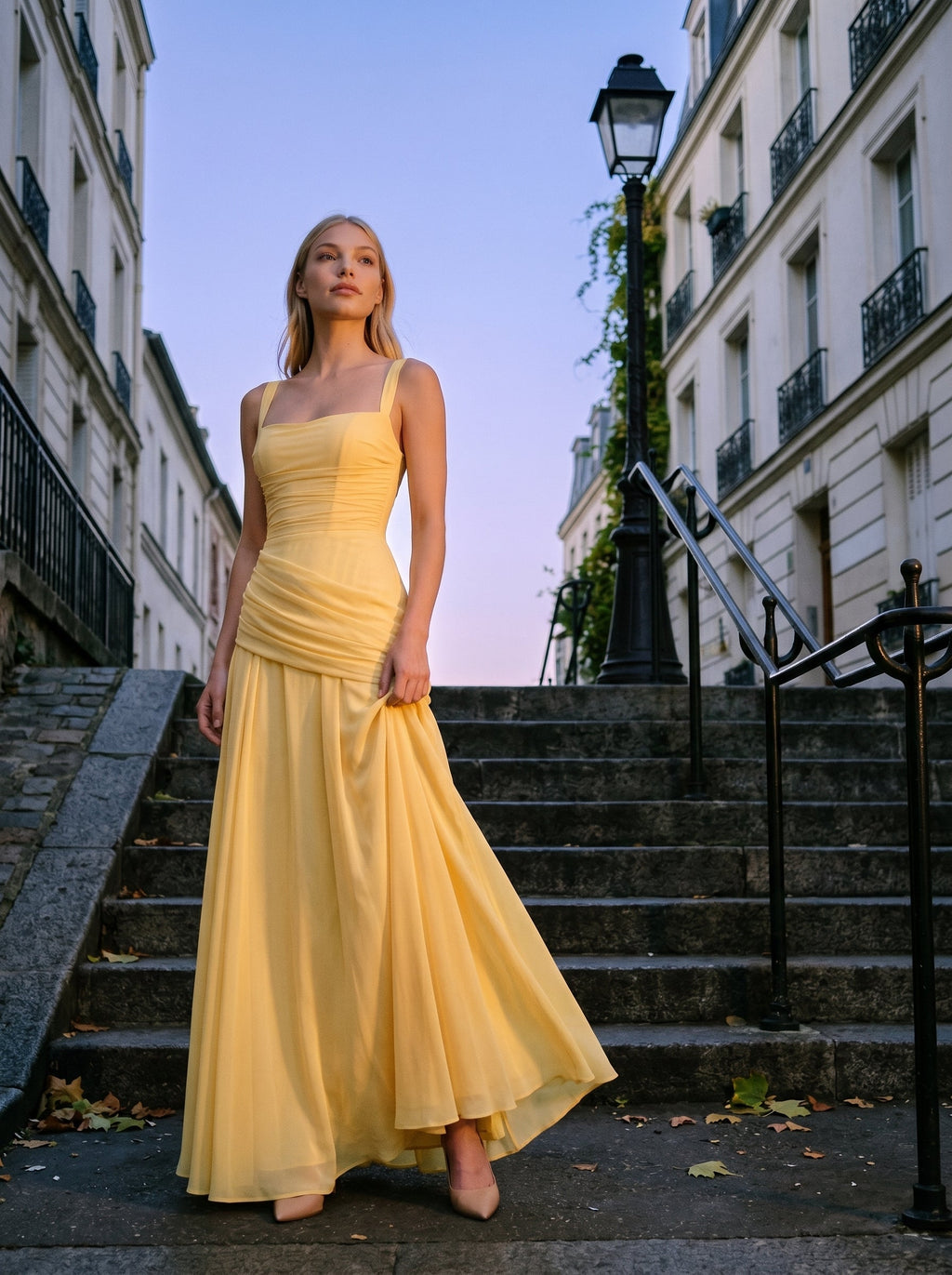 Daffodil Chiffon A-Line Square Neck Criss-Cross Floor-Length Bridesmaid Dress with Pleats - Curvevia