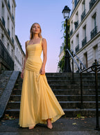 Daffodil Chiffon A-Line Square Neck Criss-Cross Floor-Length Bridesmaid Dress with Pleats - Curvevia