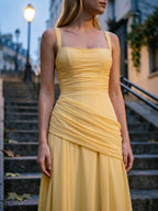Daffodil Chiffon A-Line Square Neck Criss-Cross Floor-Length Bridesmaid Dress with Pleats - Curvevia