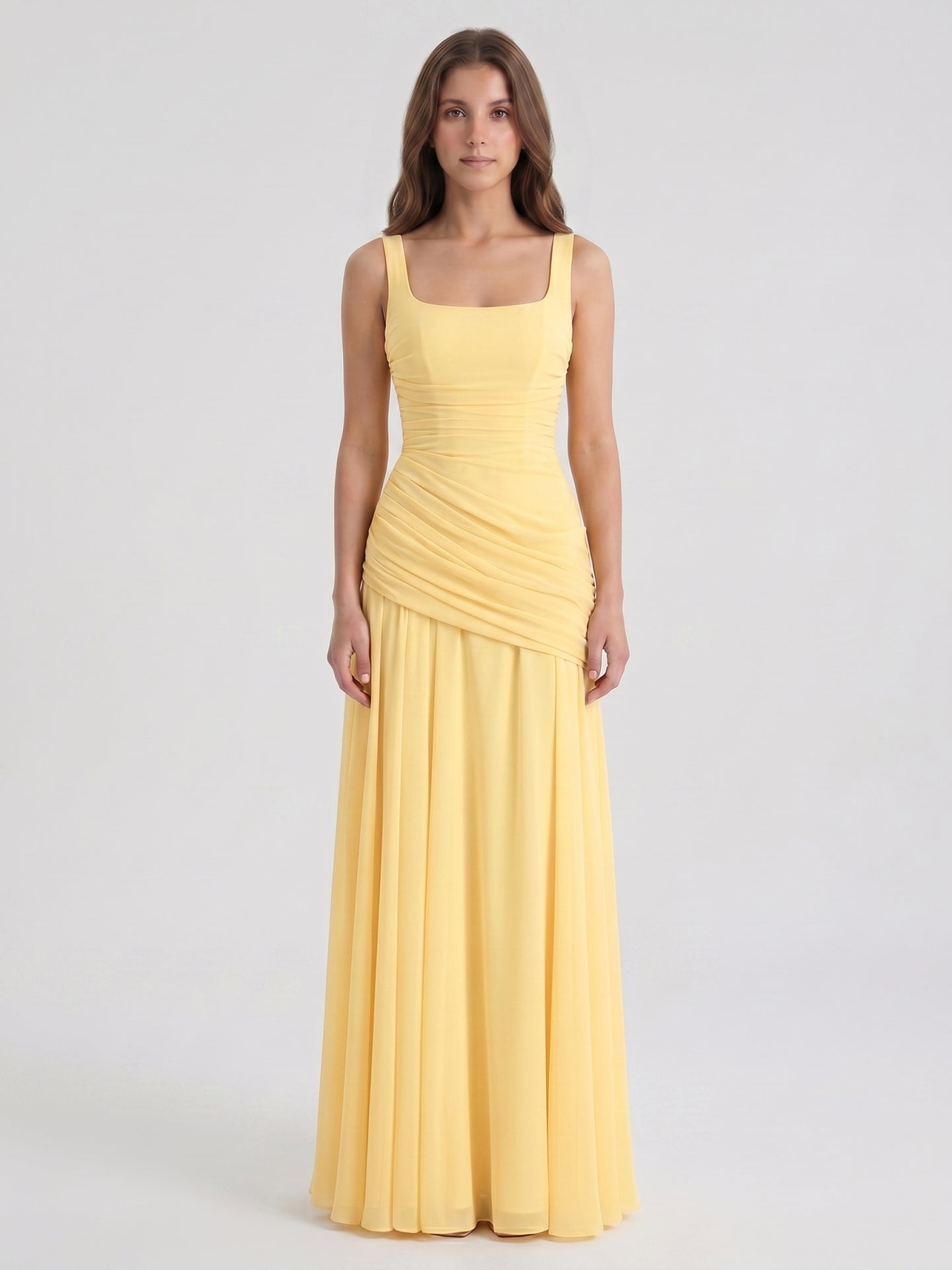 Daffodil Chiffon A-Line Square Neck Criss-Cross Floor-Length Bridesmaid Dress with Pleats - Curvevia