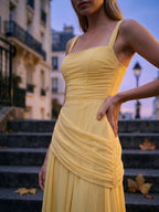 Daffodil Chiffon A-Line Square Neck Criss-Cross Floor-Length Bridesmaid Dress with Pleats - Curvevia