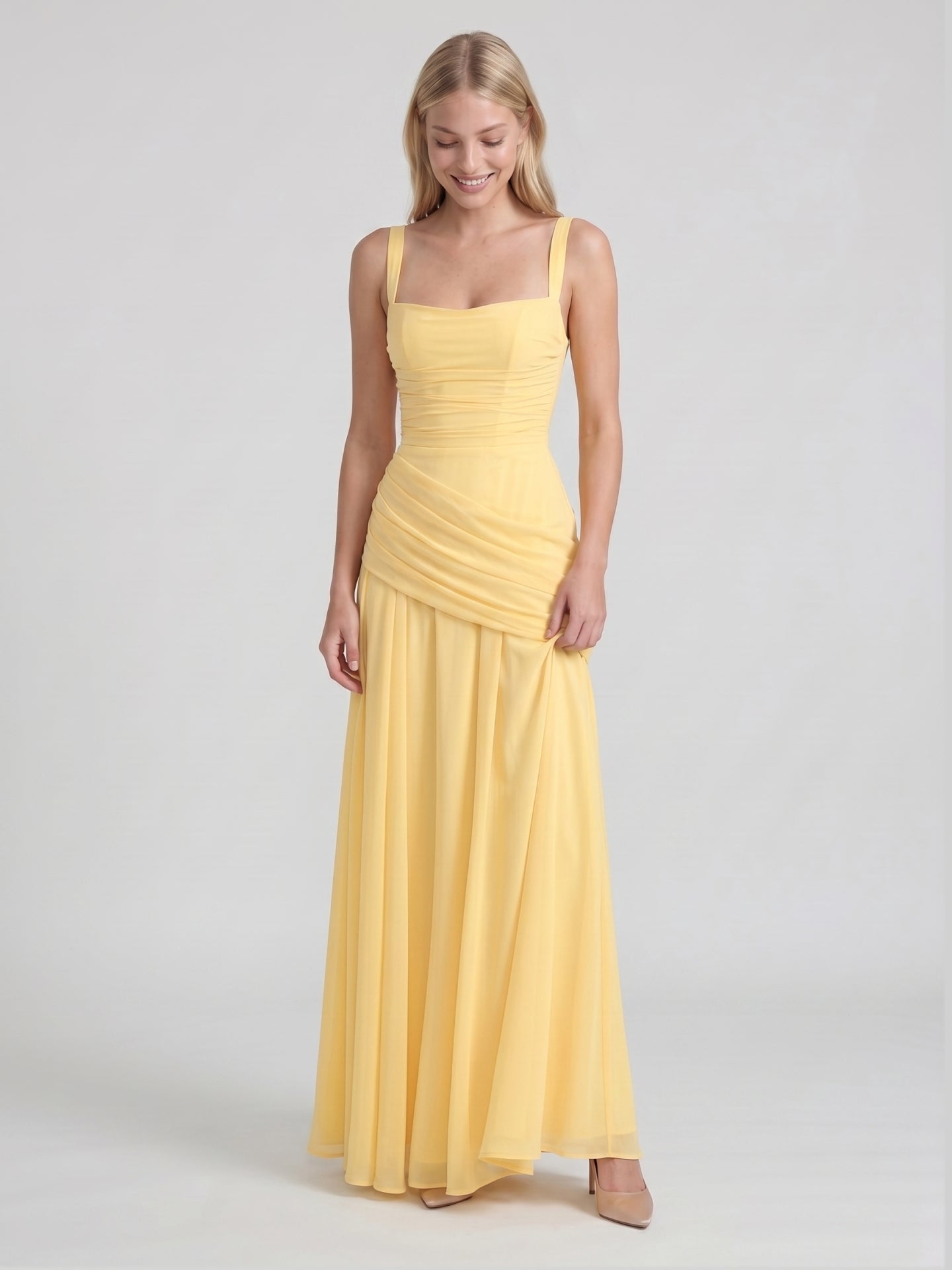 Daffodil Chiffon A-Line Square Neck Criss-Cross Floor-Length Bridesmaid Dress with Pleats - Curvevia