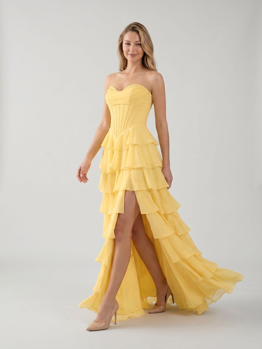 Daffodil Chiffon A-Line Sweetheart Lace-Up Back Floor-Length Birthday Dress with Ruffle Tiers - Curvevia