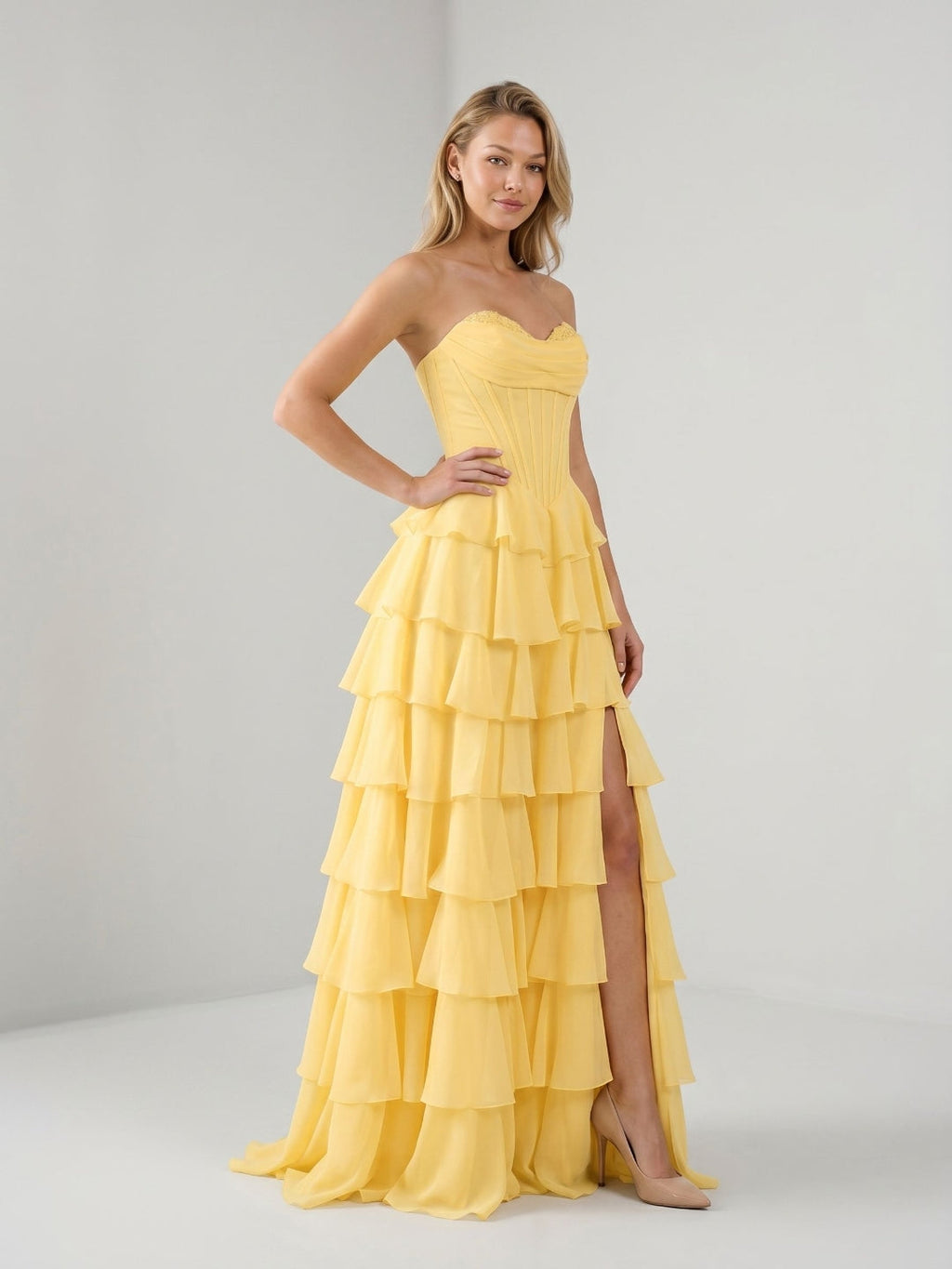 Daffodil Chiffon A-Line Sweetheart Lace-Up Back Floor-Length Birthday Dress with Ruffle Tiers - Curvevia