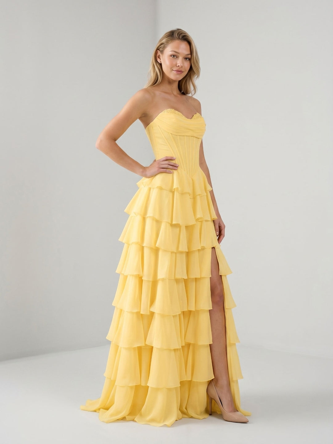 Daffodil Chiffon A-Line Sweetheart Lace-Up Back Floor-Length Birthday Dress with Ruffle Tiers - Curvevia