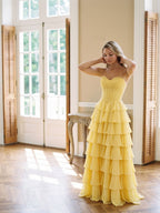 Daffodil Chiffon A-Line Sweetheart Lace-Up Back Floor-Length Birthday Dress with Ruffle Tiers - Curvevia