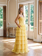 Daffodil Chiffon A-Line Sweetheart Lace-Up Back Floor-Length Birthday Dress with Ruffle Tiers - Curvevia