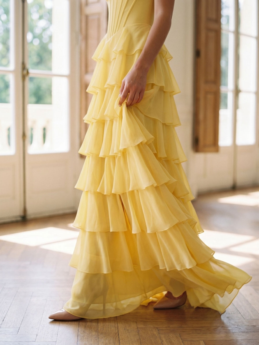 Daffodil Chiffon A-Line Sweetheart Lace-Up Back Floor-Length Birthday Dress with Ruffle Tiers - Curvevia