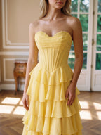 Daffodil Chiffon A-Line Sweetheart Lace-Up Back Floor-Length Birthday Dress with Ruffle Tiers - Curvevia