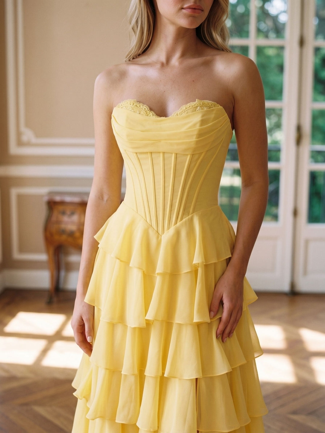 Daffodil Chiffon A-Line Sweetheart Lace-Up Back Floor-Length Birthday Dress with Ruffle Tiers - Curvevia