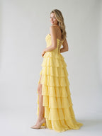Daffodil Chiffon A-Line Sweetheart Lace-Up Back Floor-Length Birthday Dress with Ruffle Tiers - Curvevia