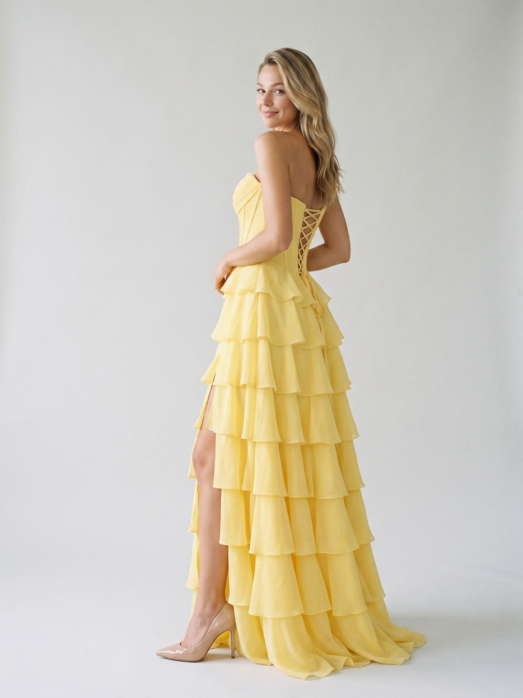 Daffodil Chiffon A-Line Sweetheart Lace-Up Back Floor-Length Birthday Dress with Ruffle Tiers - Curvevia