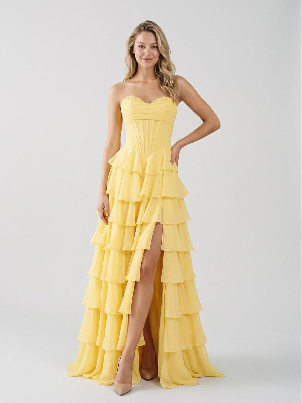 Daffodil Chiffon A-Line Sweetheart Lace-Up Back Floor-Length Birthday Dress with Ruffle Tiers - Curvevia