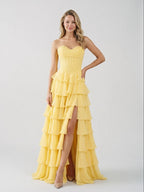 Daffodil Chiffon A-Line Sweetheart Lace-Up Back Floor-Length Birthday Dress with Ruffle Tiers - Curvevia