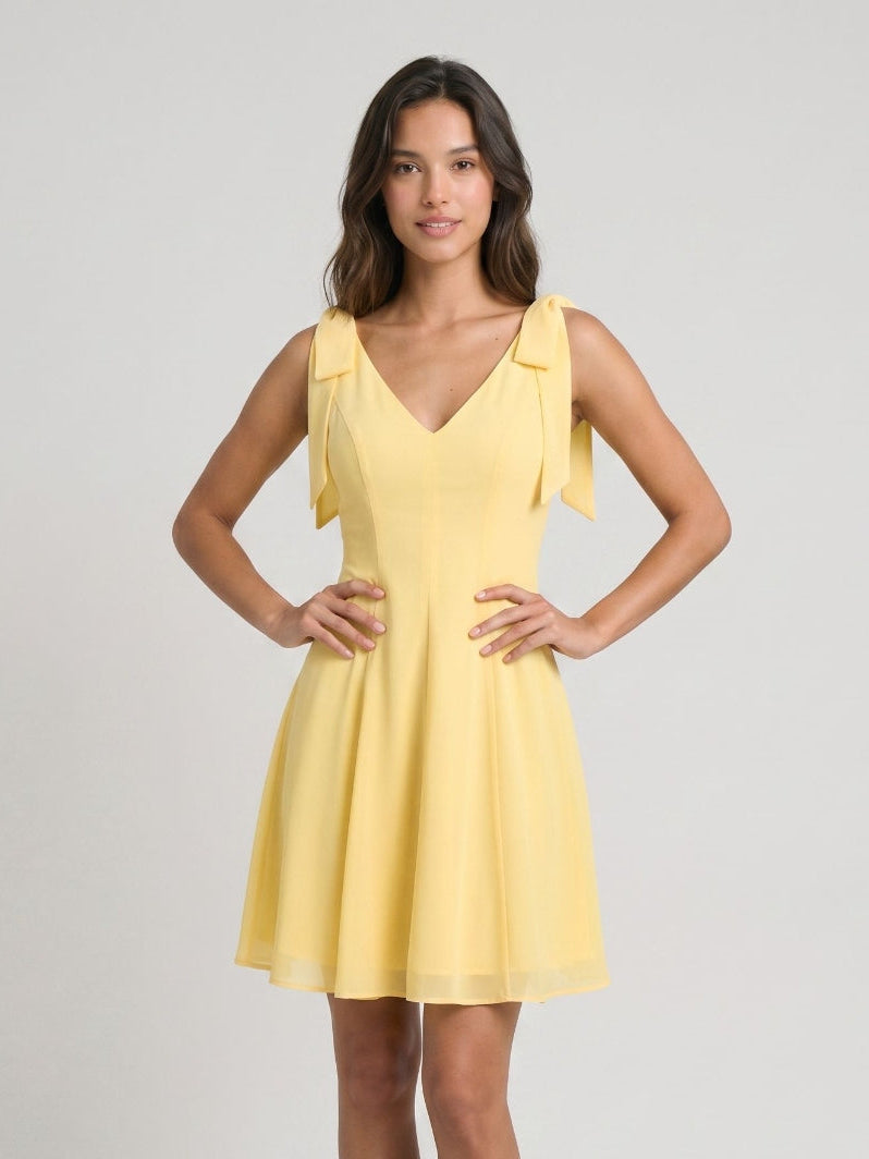 Daffodil Chiffon A-Line V-Neck Backless Short Dress with Pleating - Curvevia