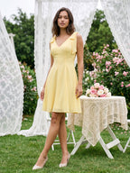 Daffodil Chiffon A-Line V-Neck Backless Short Dress with Pleating - Curvevia