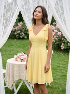 Daffodil Chiffon A-Line V-Neck Backless Short Dress with Pleating - Curvevia