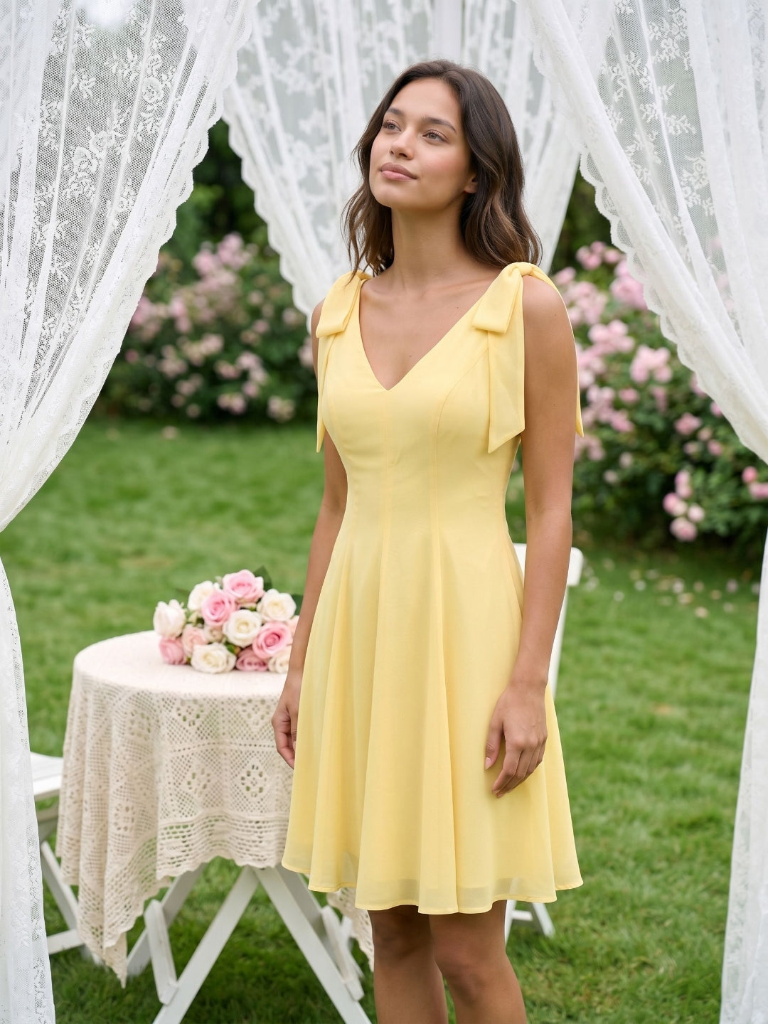 Daffodil Chiffon A-Line V-Neck Backless Short Dress with Pleating - Curvevia