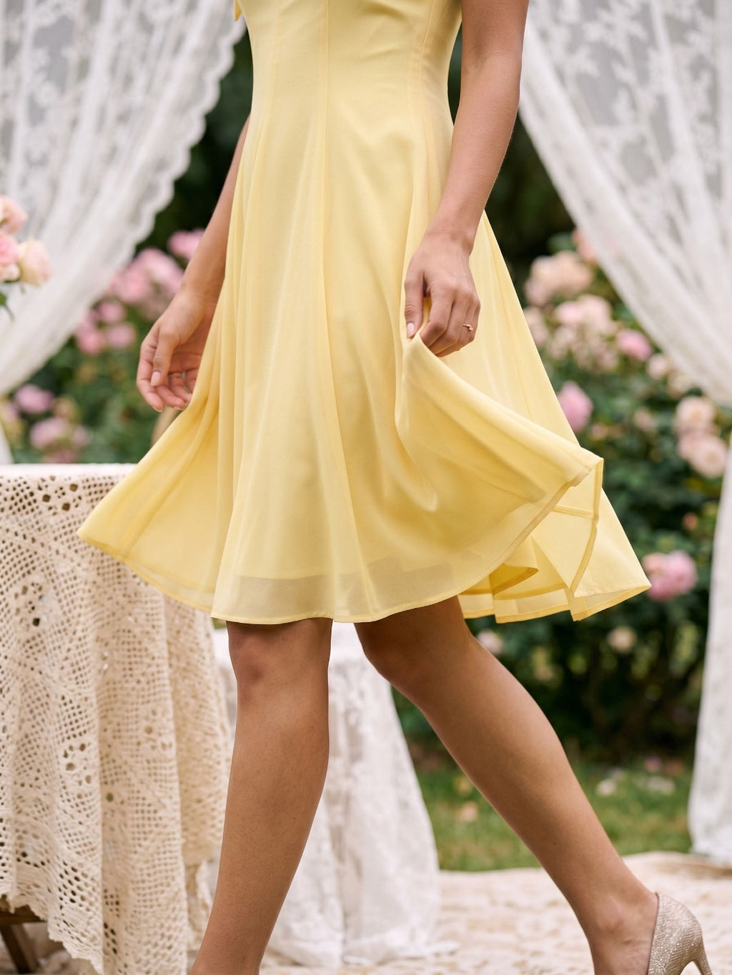 Daffodil Chiffon A-Line V-Neck Backless Short Dress with Pleating - Curvevia