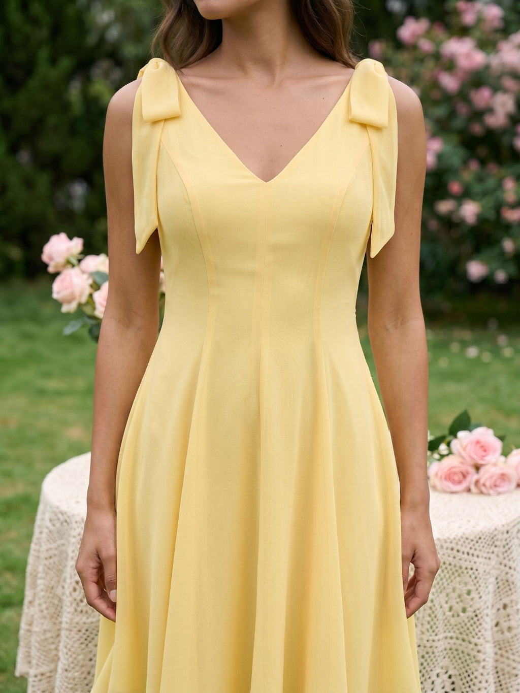 Daffodil Chiffon A-Line V-Neck Backless Short Dress with Pleating - Curvevia