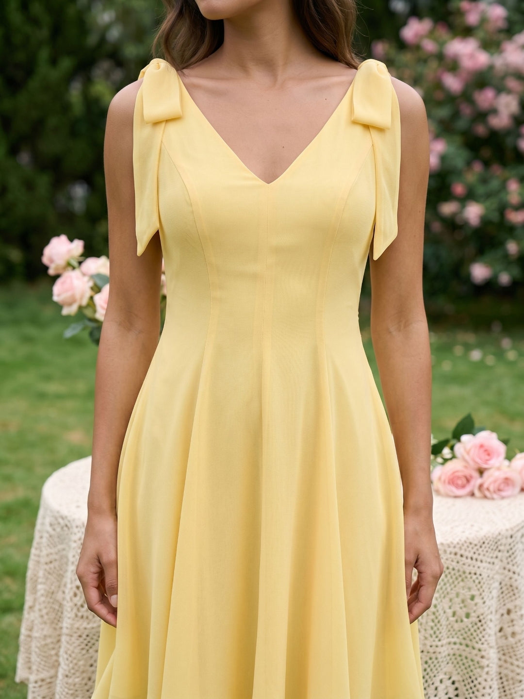 Daffodil Chiffon A-Line V-Neck Backless Short Dress with Pleating - Curvevia