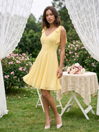 Daffodil Chiffon A-Line V-Neck Backless Short Dress with Pleating - Curvevia