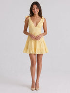 Daffodil Chiffon A-Line V-Neck Backless Short Dress with Pleating - Curvevia