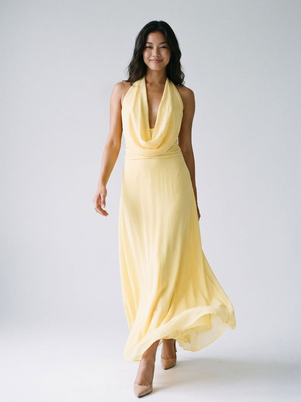 Daffodil Chiffon Column Halter Neckline Backless Ankle-Length Evening Dress - Curvevia