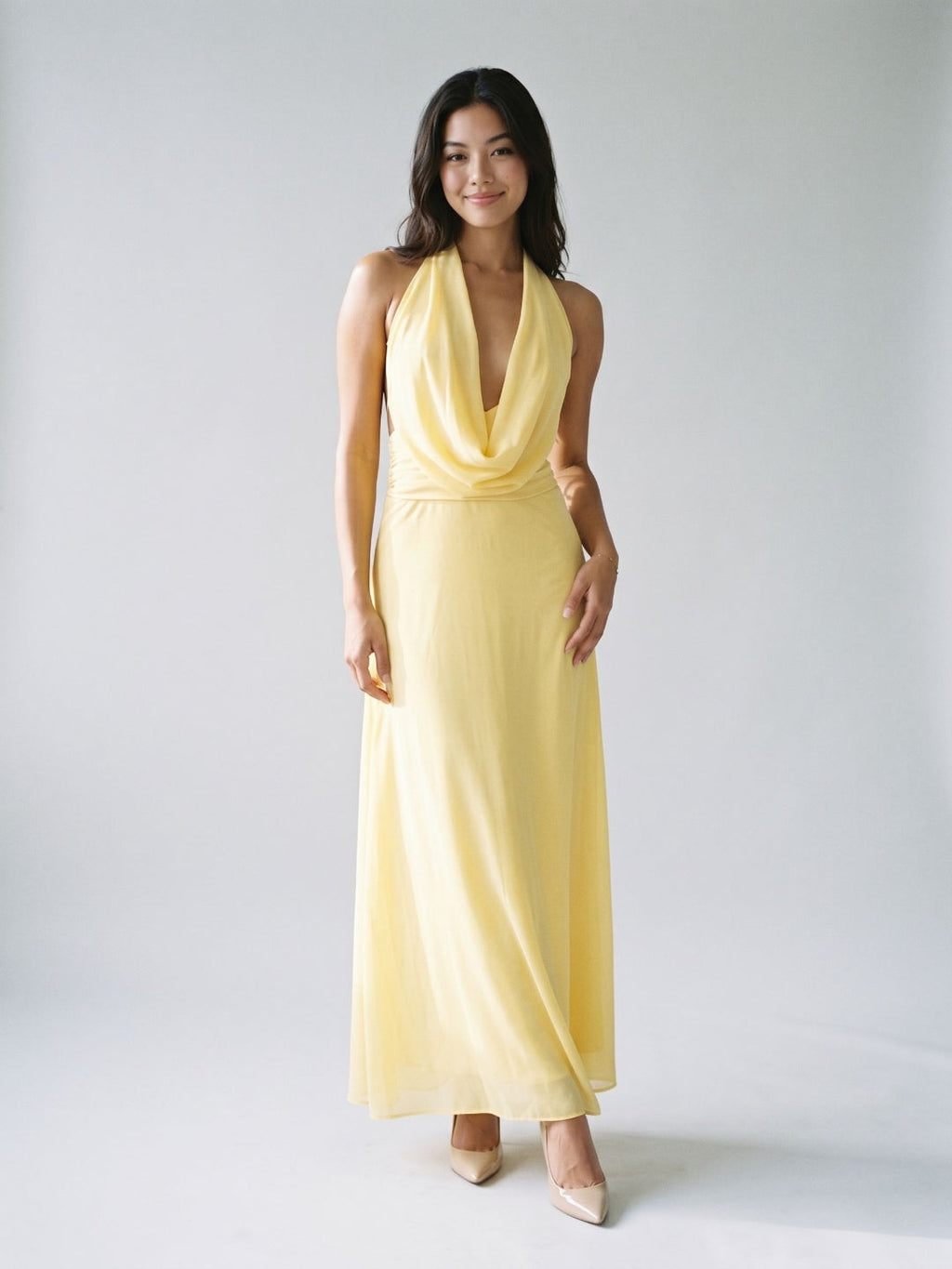 Daffodil Chiffon Column Halter Neckline Backless Ankle-Length Evening Dress - Curvevia