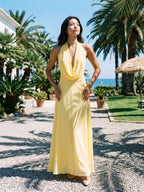 Daffodil Chiffon Column Halter Neckline Backless Ankle-Length Evening Dress - Curvevia